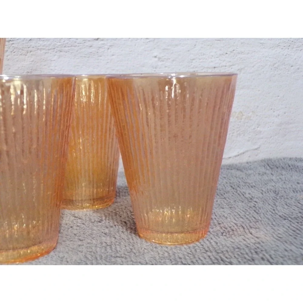 Vintage Jeanette Tree Bark Marigold Iridescent‎ Carnival Juice Glasses Set of 5